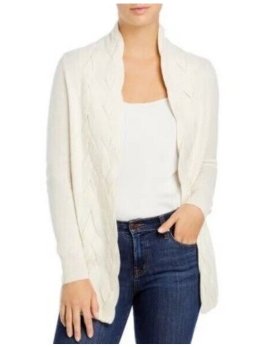 🛍 C By Bloomingdales Braided Open Front Cashmere Cardigan in Cream Size M